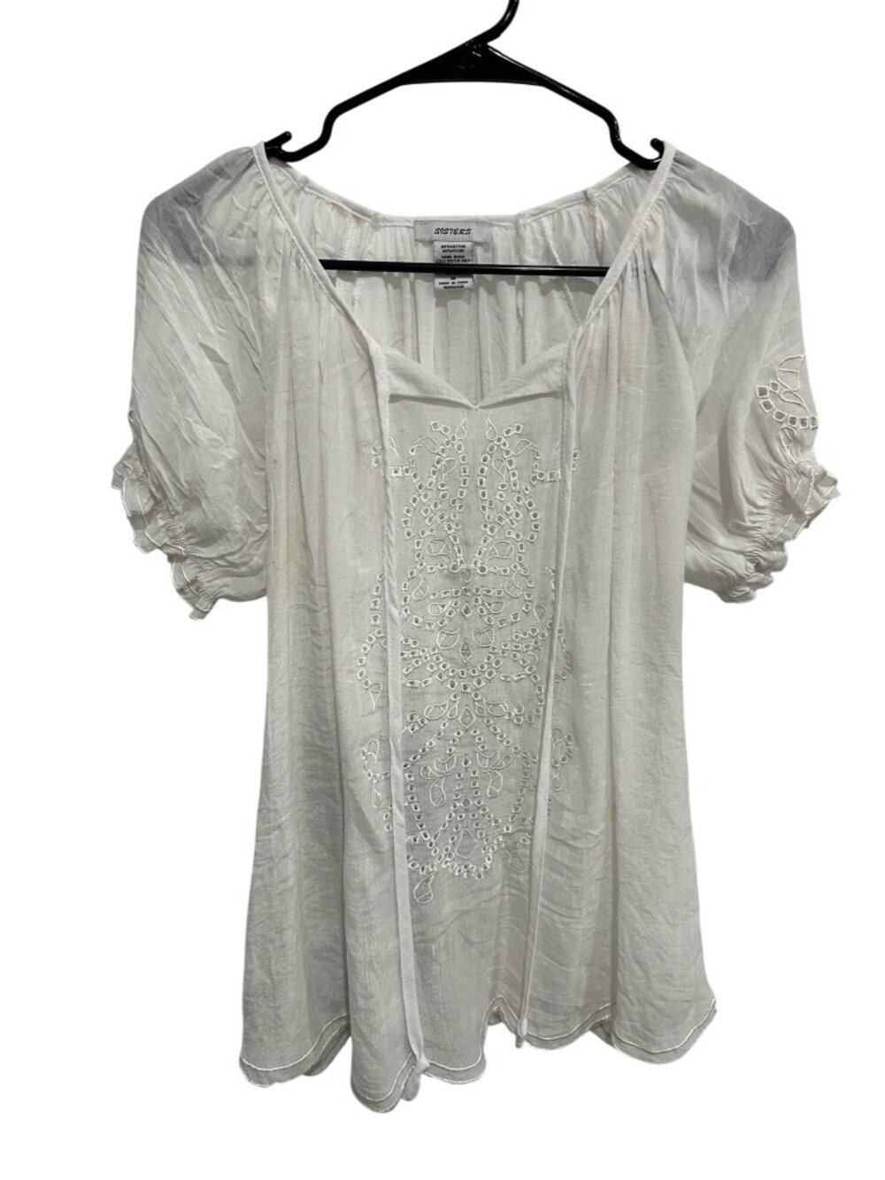 Sisters Medium White Boho Embroidered Short Sleeve Tunic Top Creativecore